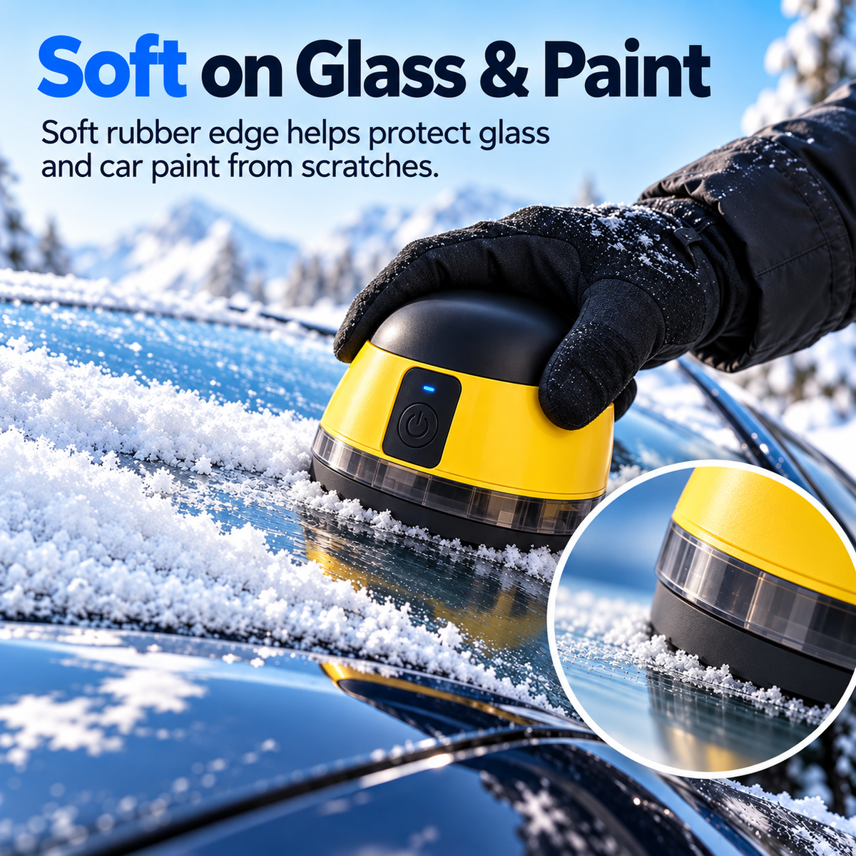 Close-up of soft contact edge of electric scraper against windshield glass