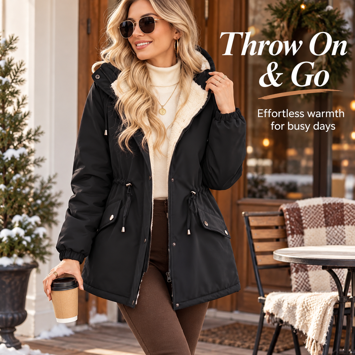 Women's Sherpa-Lined Hooded Winter Parka （Black）