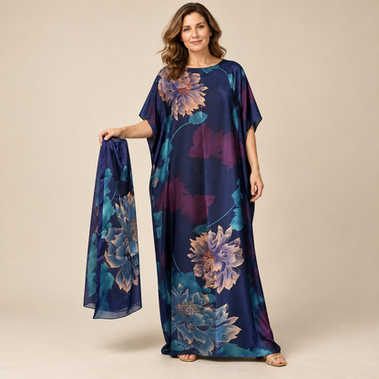 Printed Kaftan Maxi Dress & Matching Scarf Set