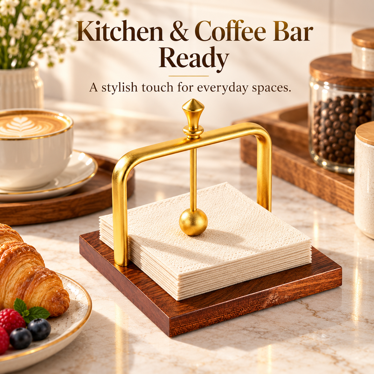 Gold & Wood Weighted Napkin Holder with Secure Arm