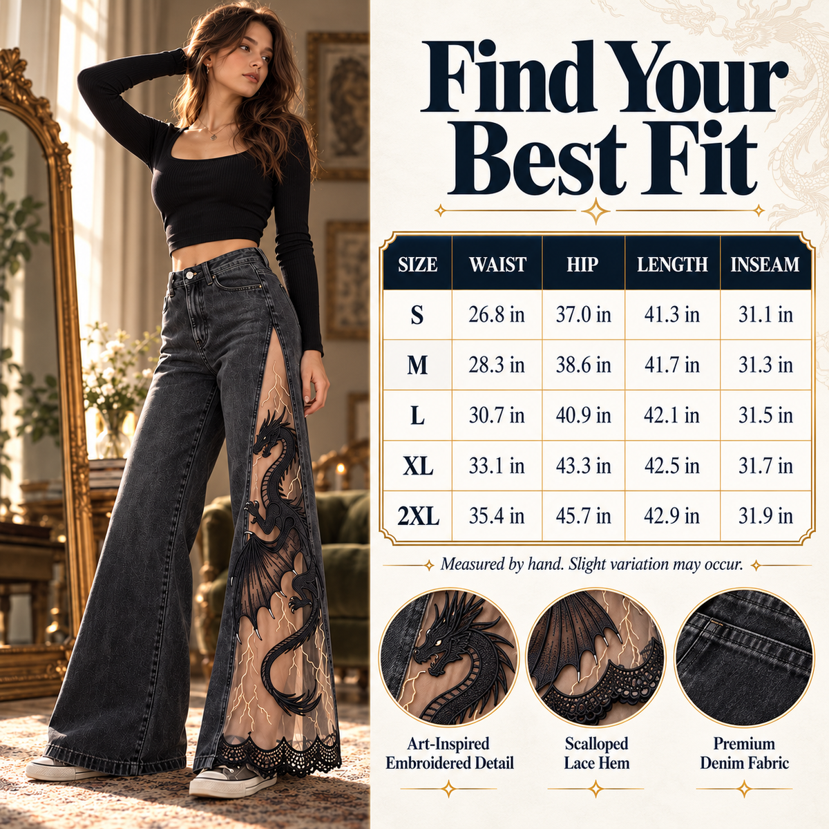Women's Gothic Dragon Embroidered Jeans – Lace-Panel Wide-Leg Denim