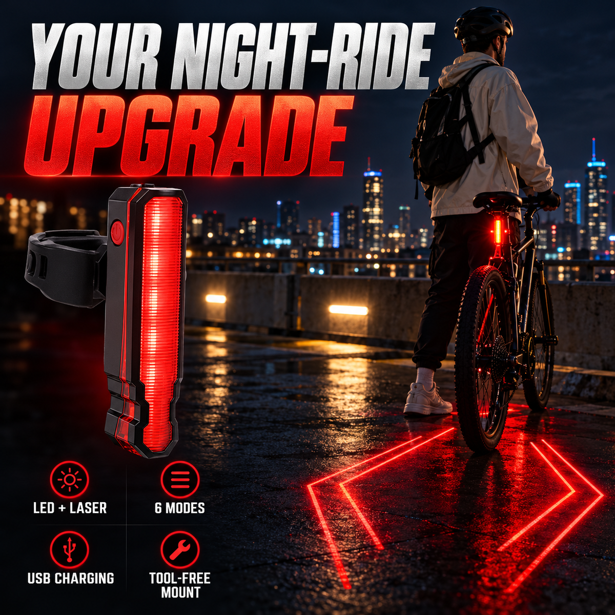 🚴 6-Mode USB Rechargeable LED Bike Tail Light with Laser Safety Lines