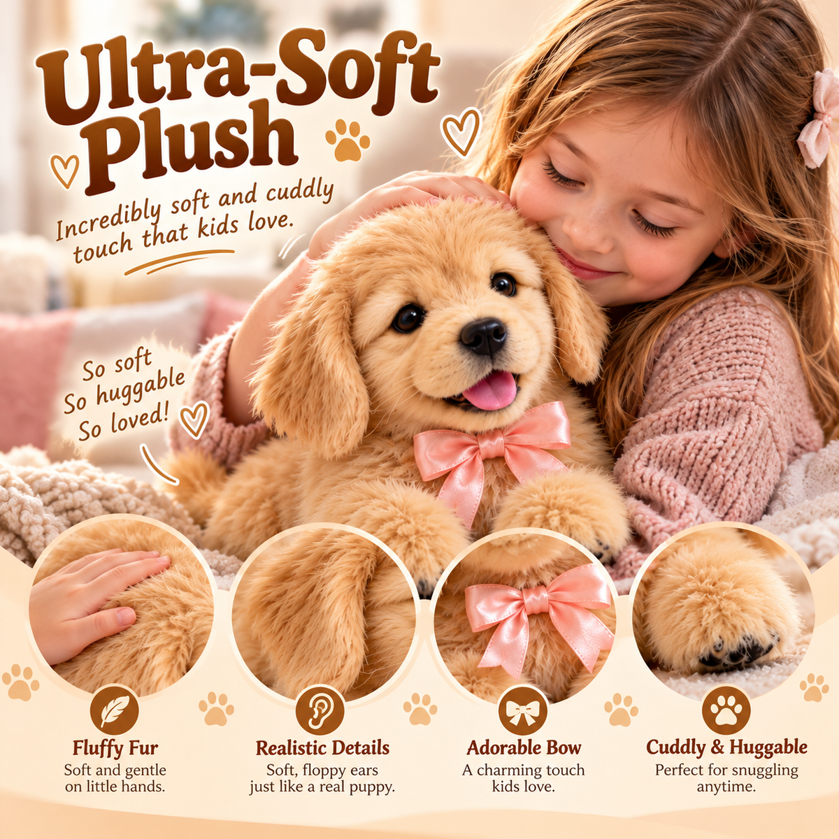 Golden puppy plush interactive robot toy with close-up details of fluffy ears pink bow fur and paws
