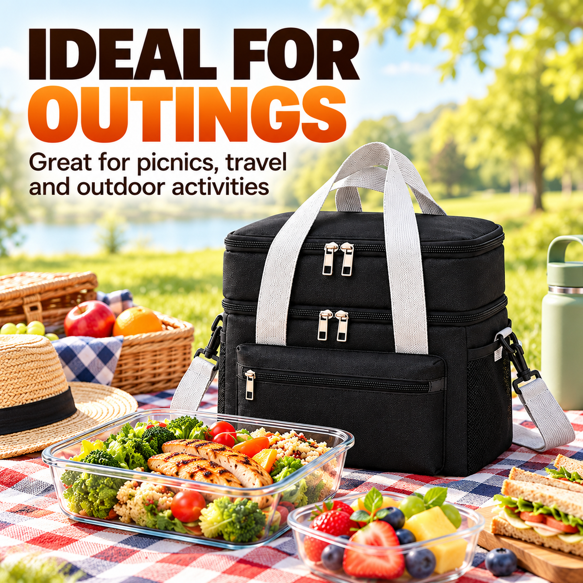 Black double layer insulated lunch bag with food on a picnic blanket outdoors