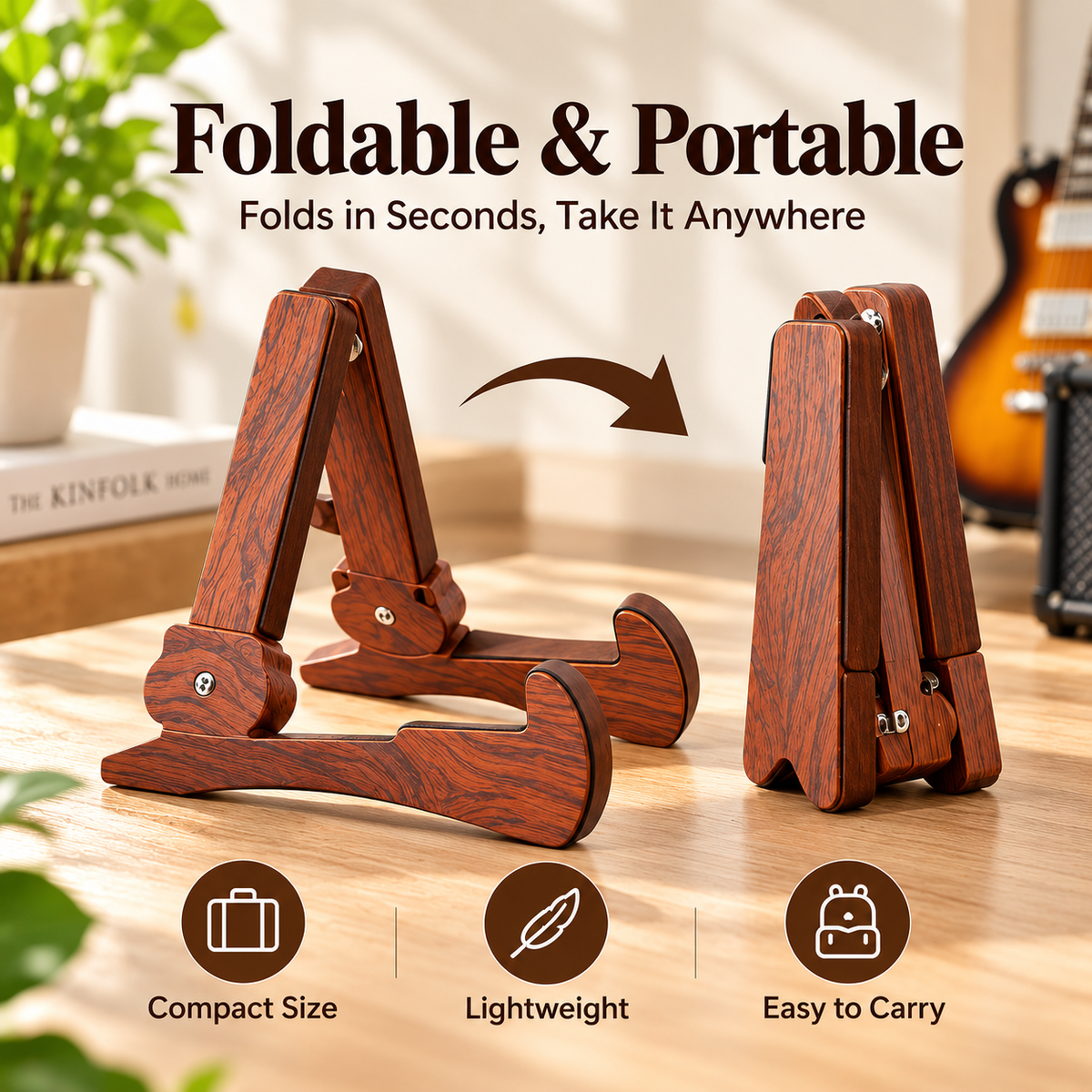 Walnut-Style Folding Guitar Stand – Compact A-Frame Design