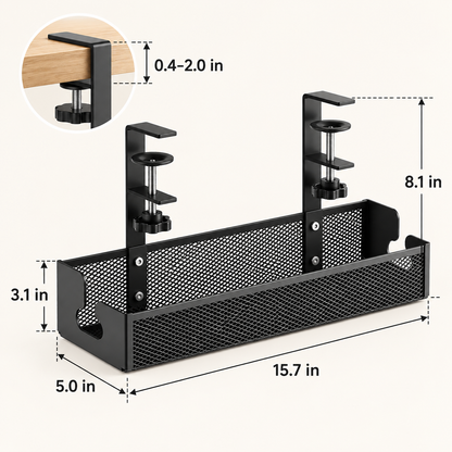 Under-Desk Cable Management Tray – No-Drill Clamp Organizer for Desks Up to 2" Thick