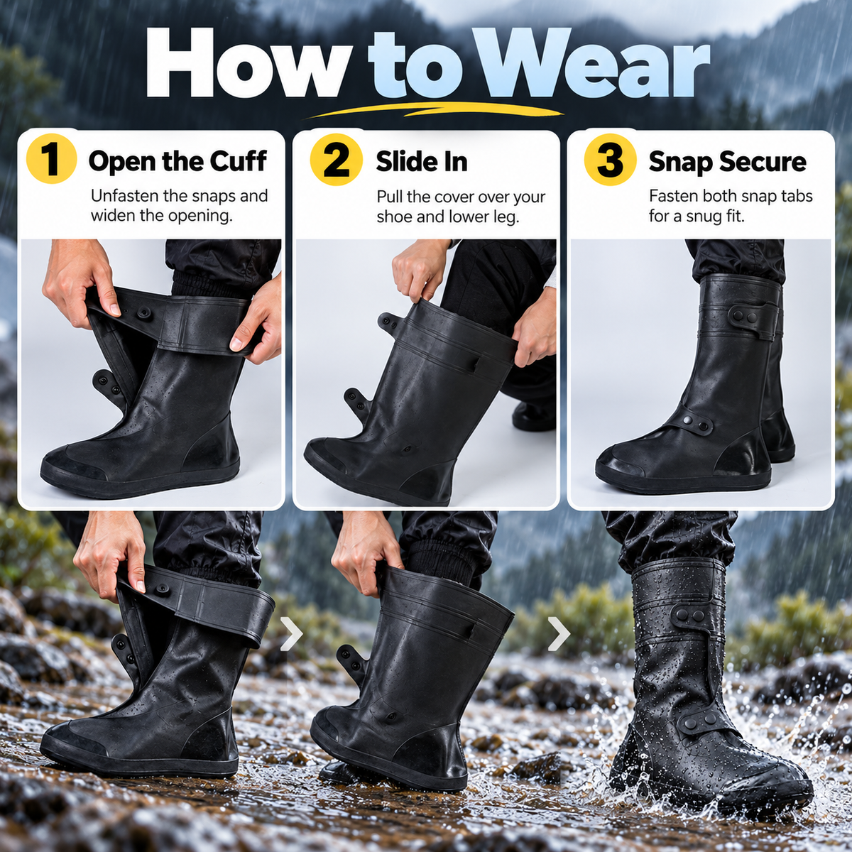 Wide-Opening Waterproof Rain Boot Covers — Easy On, Secure Fit & All-Weather Protection