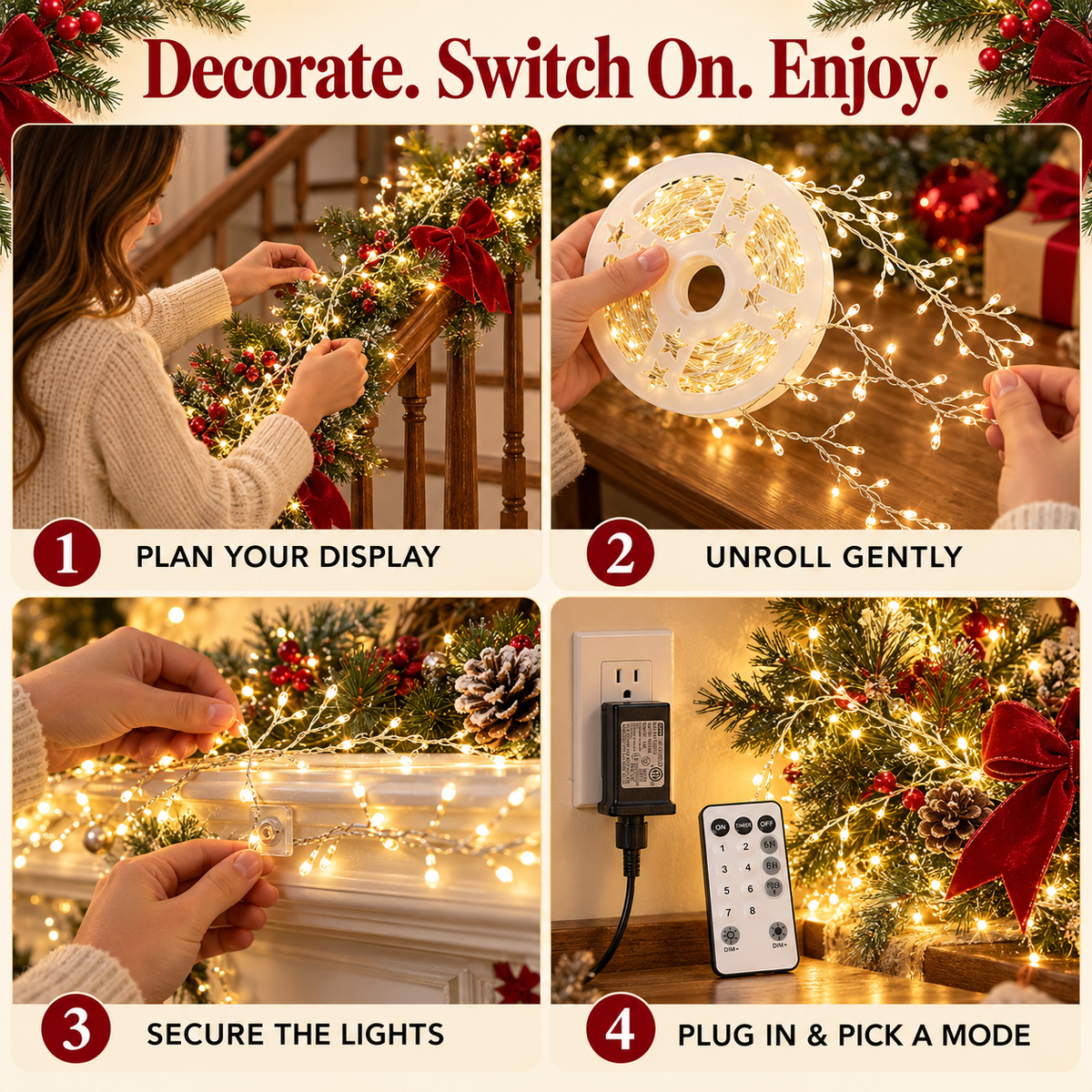 Warm White Christmas String Lights – 8 Modes, Remote & Timer