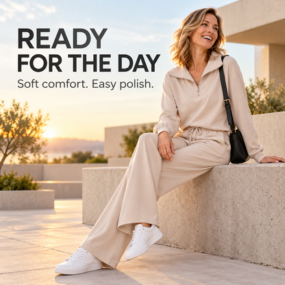 Women’s Half-Zip Two-Piece Sweatsuit – Wide-Leg Lounge Set