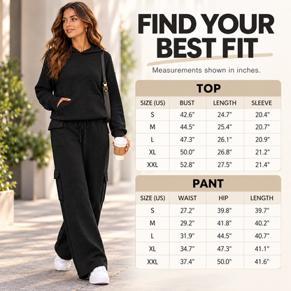 Women’s Soft Hooded Lounge Set with Wide-Leg Cargo Pants & Pockets