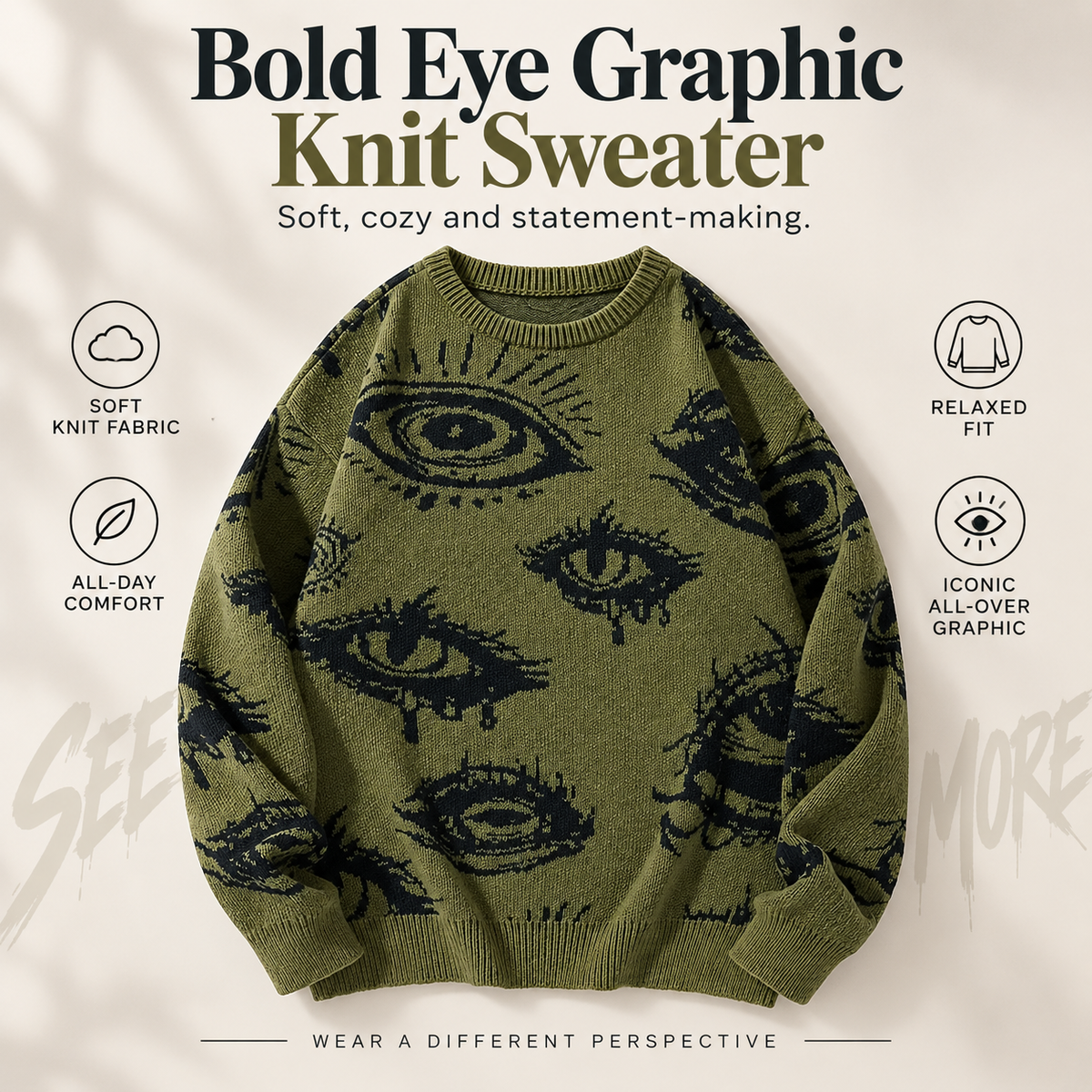 All-Over Eye Graphic Oversized Knit Sweater