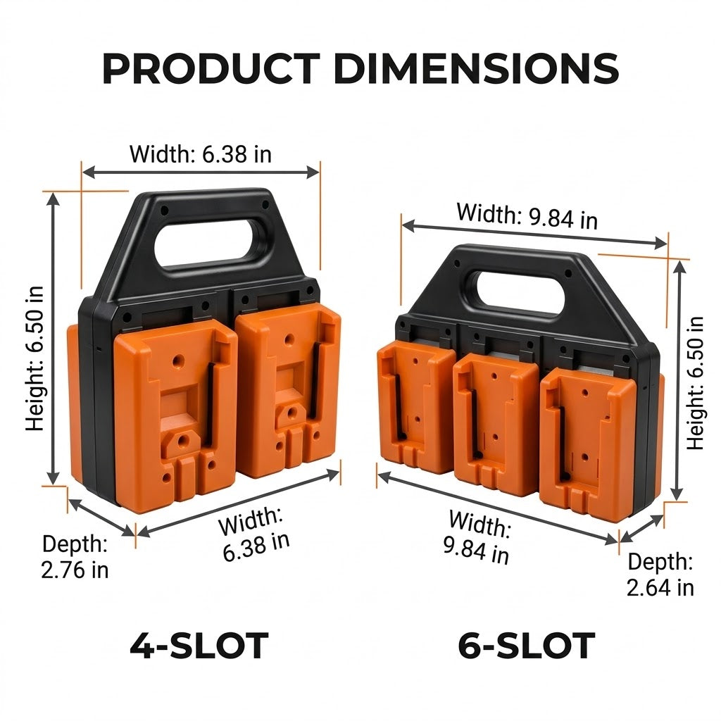 Cordless Tool Battery Storage Rack – 4/6-Slot Organizer, Compatible with DeWalt, Makita & Milwaukee