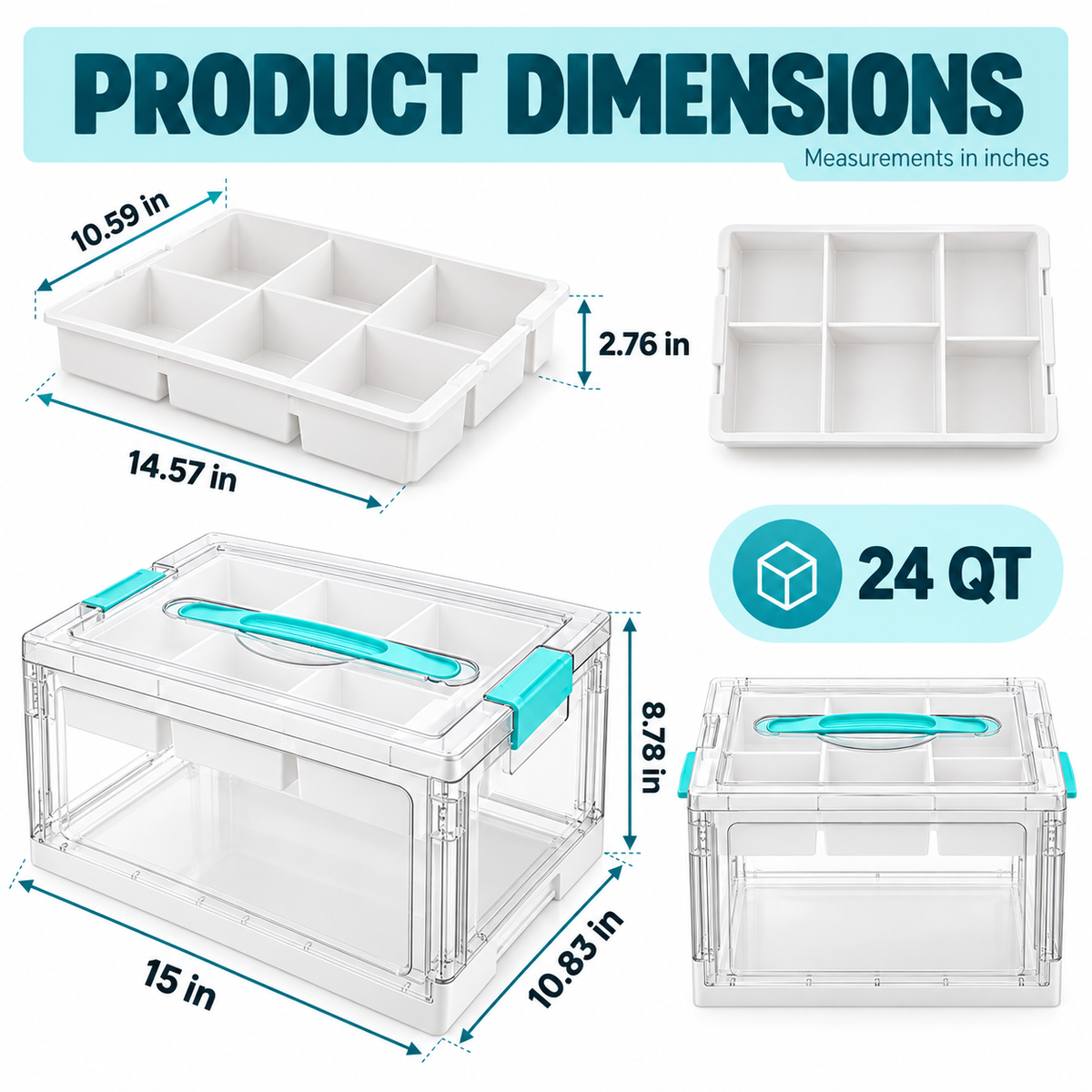 24QT Clear Storage Organizer with Removable Tray & Adjustable Dividers