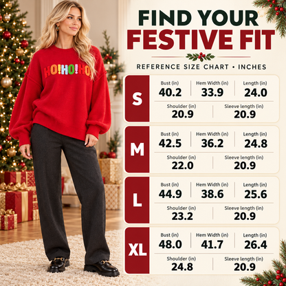 🎄 Women's Oversized Christmas Sweater – Colorful Chenille HO HO HO & MERRY CHRISTMAS Graphic Knit Pullover