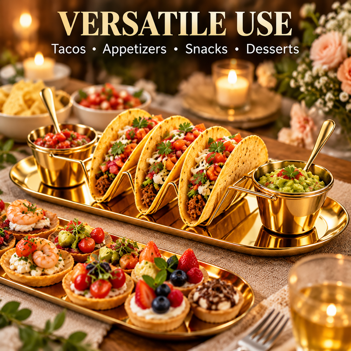 6-Piece Set Gold Taco Holder & Serving Set with Sauce Cups