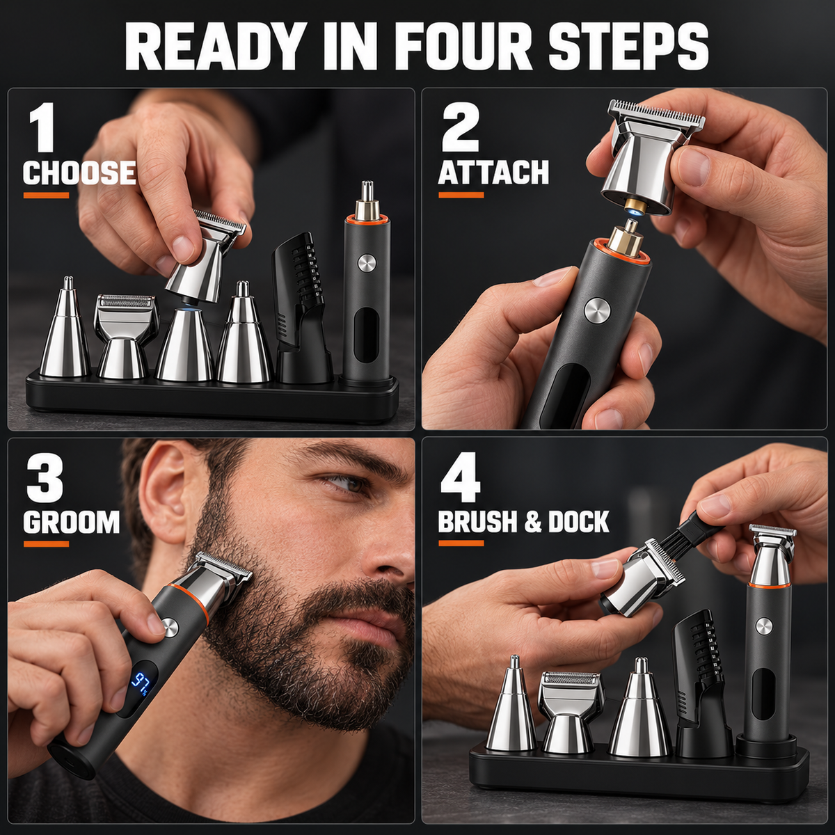 5-in-1 Men's Grooming Kit – Magnetic Heads, Precision Trimming & USB Rechargeable