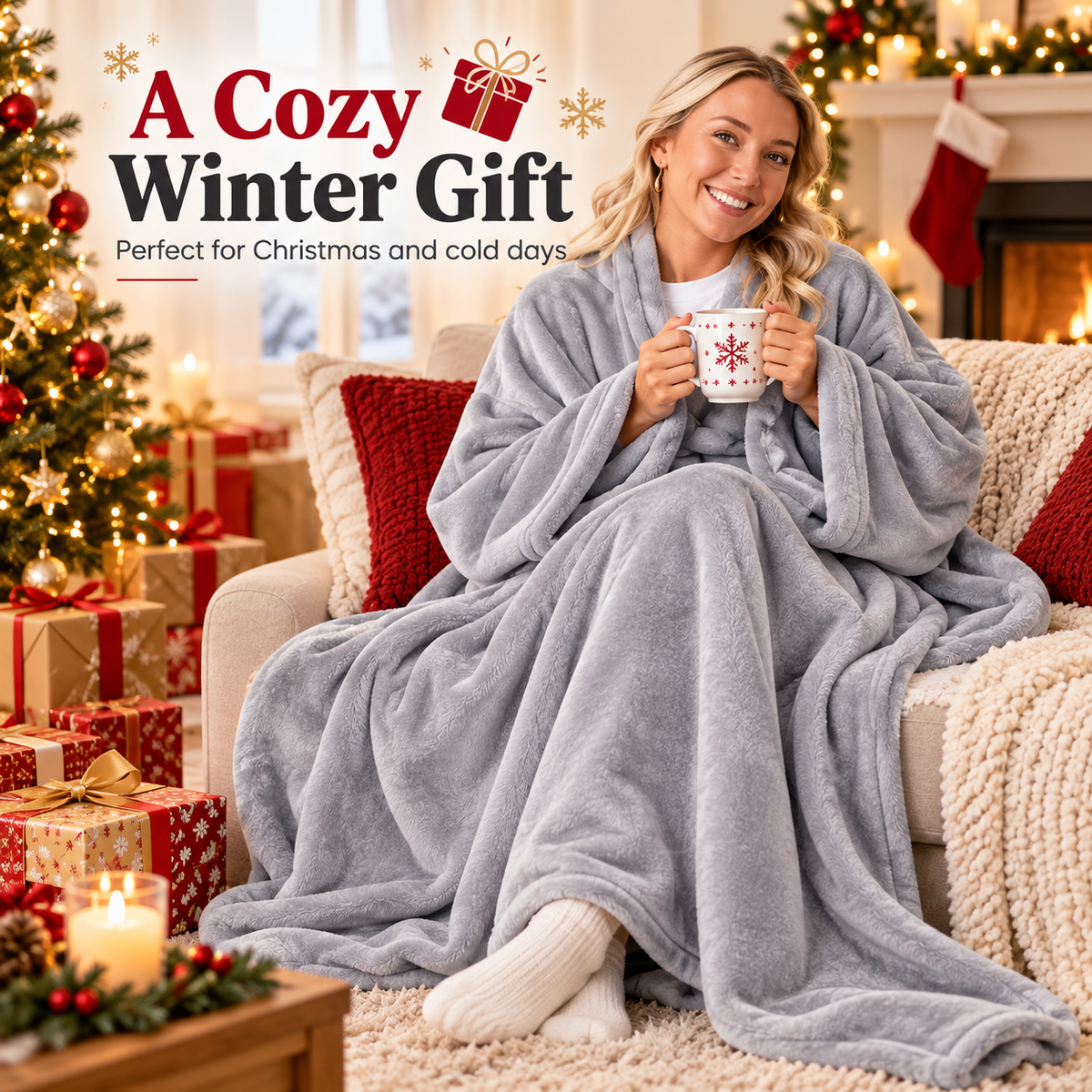 Oversized Wearable Flannel Blanket – Cozy Wrap with Sleeves