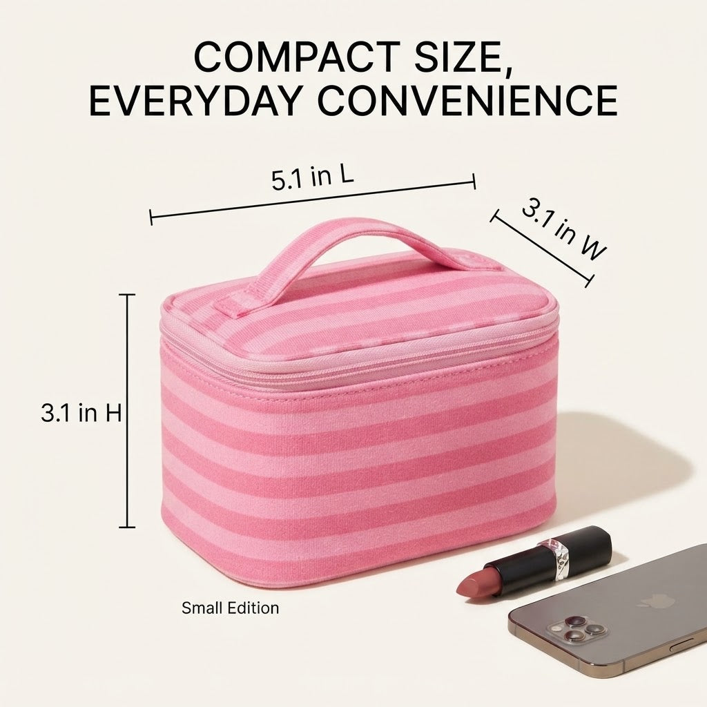 Pink Striped Portable Makeup Bag with Built-In Mirror