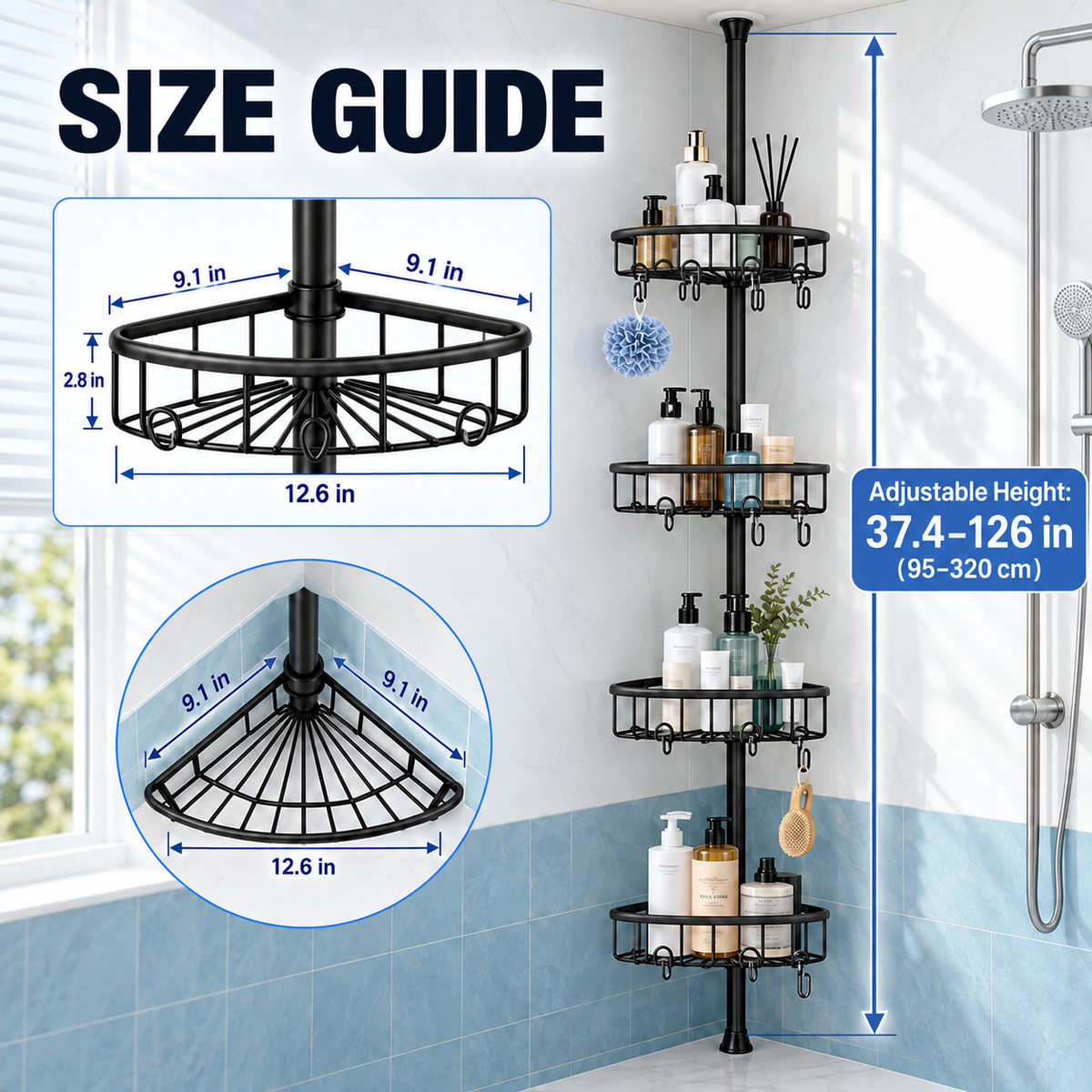 4-Tier Adjustable Corner Shower Caddy with Hooks