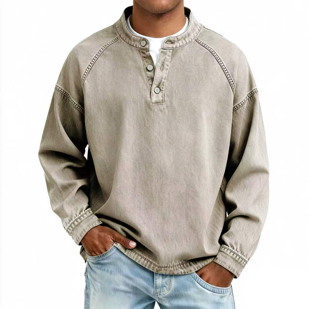 Vintage Wash Henley Sweatshirt | Casual Loose Fit Long Sleeve Top