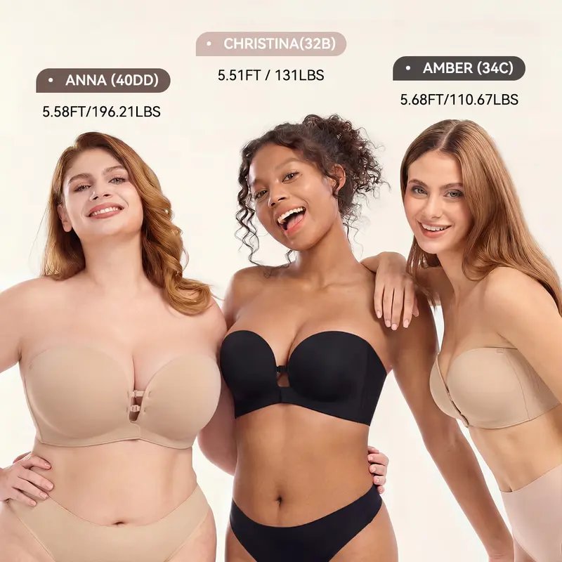 ✨Womens Strapless Front Closure Bra Push Up Lift Bra Padded Add Cup Non Slip Anti-Slip Grip & Removable Straps Fit Outfits Wireless Supportive Seamless