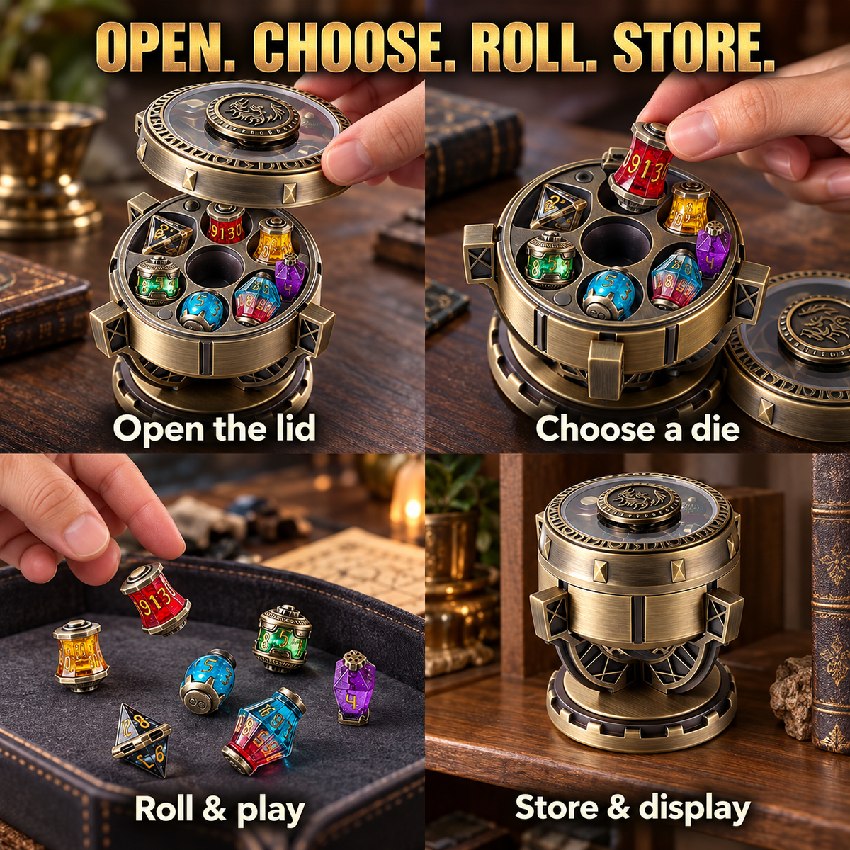 Alchemist’s Metallic Elixir DND Dice Set with Spinning Chalice & Liquid-Core Potion Dice