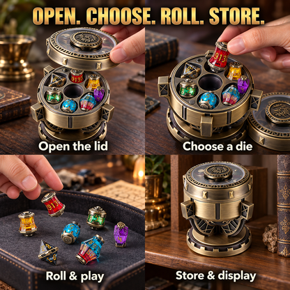 Alchemist’s Metallic Elixir DND Dice Set with Spinning Chalice & Liquid-Core Potion Dice
