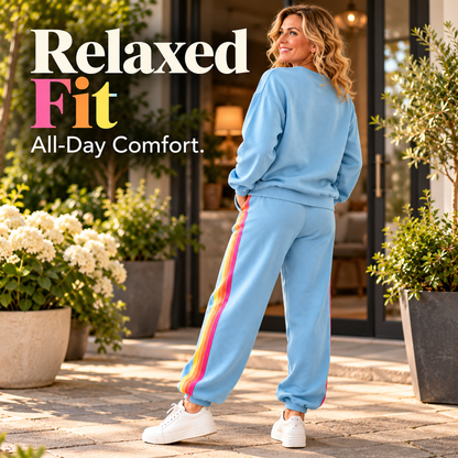 🌈Women's Retro Rainbow Stripe 2-Piece Set – Relaxed Sweatshirt & Drawstring Joggers 💕