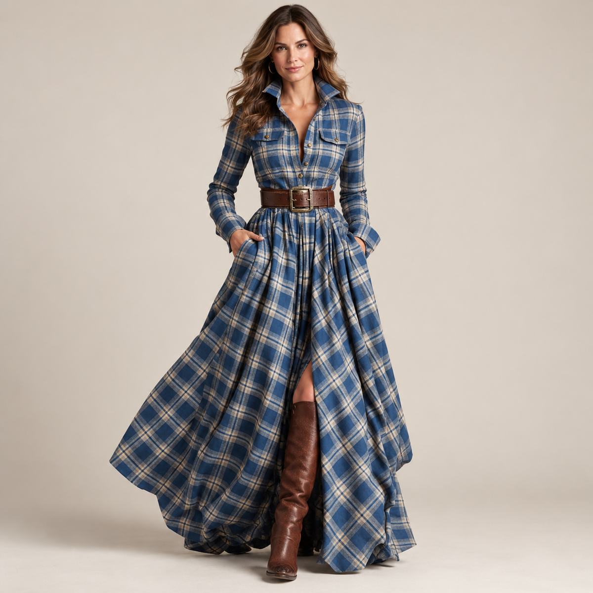 Vintage Plaid Button-Front Maxi Dress – Belt Included