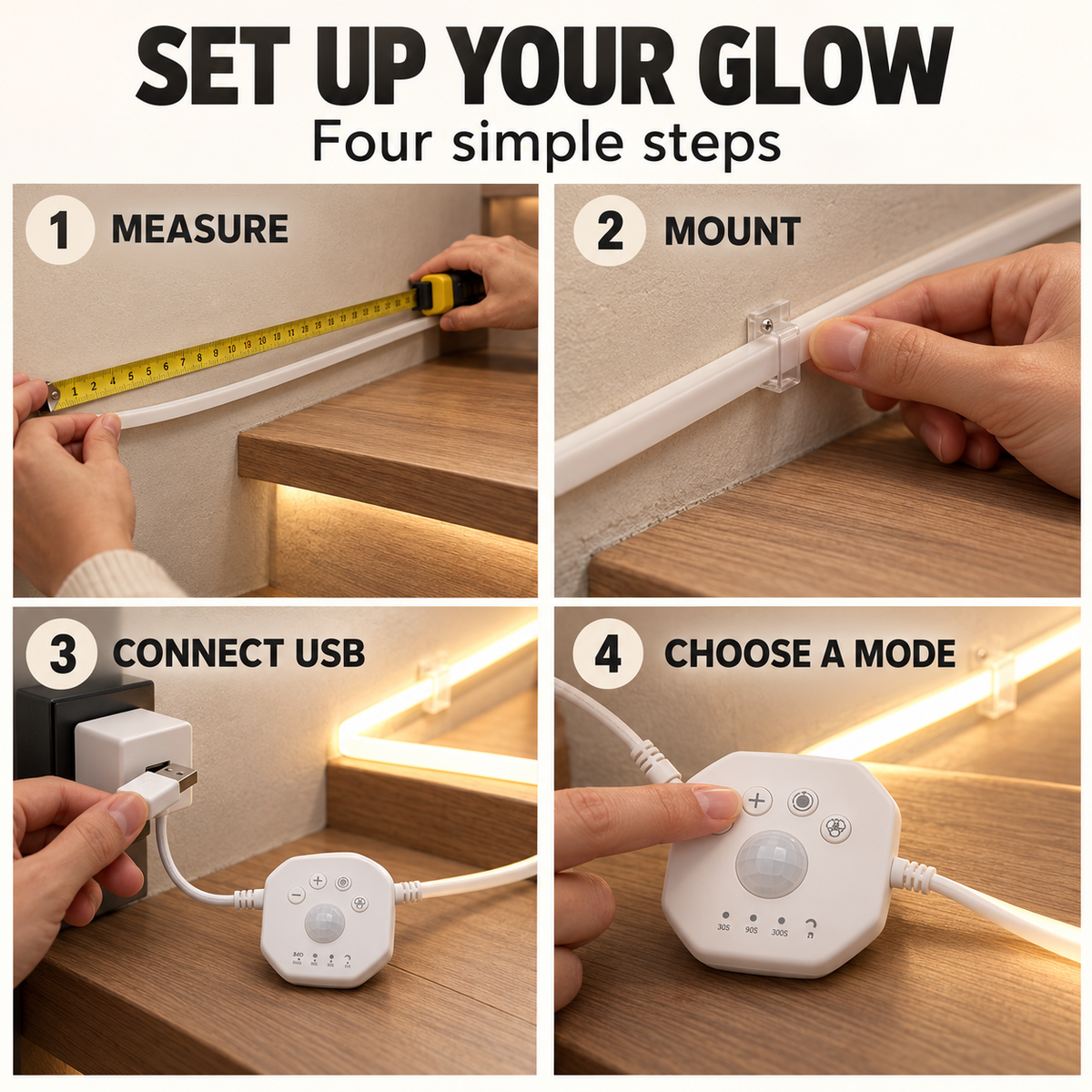 Motion Sensor LED Strip Lights – Dynamic Flowing Effects, USB Powered, Cuttable for Stairs & Home