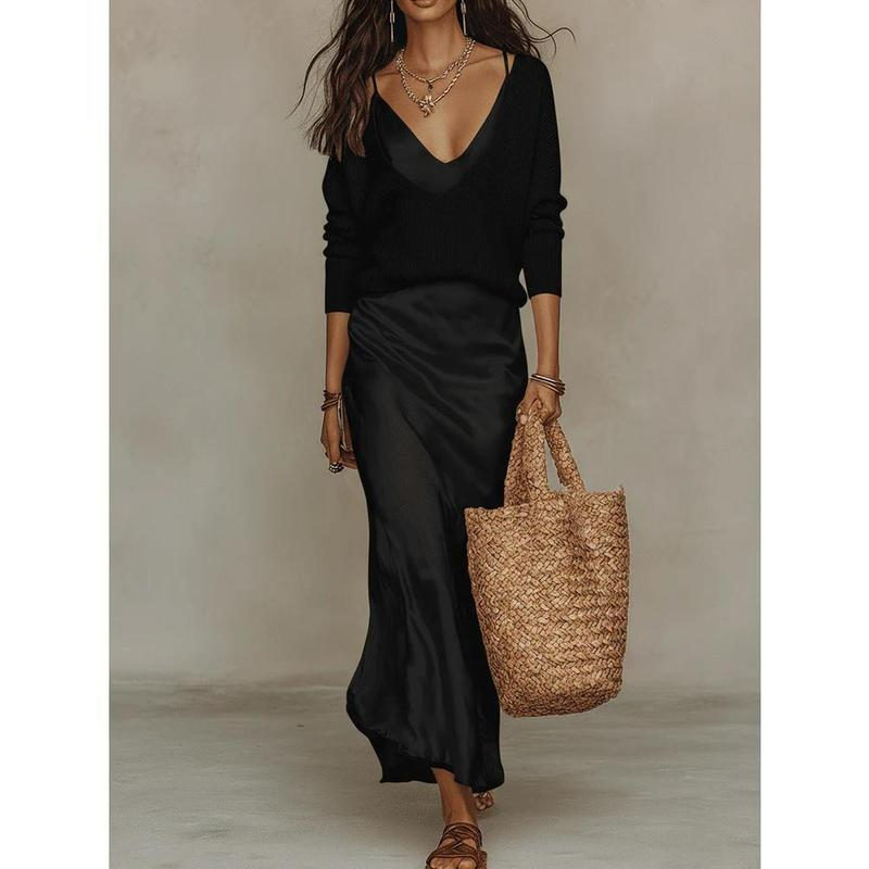💃Women’s 2-Piece V-Neck Knit Sweater & Satin Slip Maxi Dress Set💃