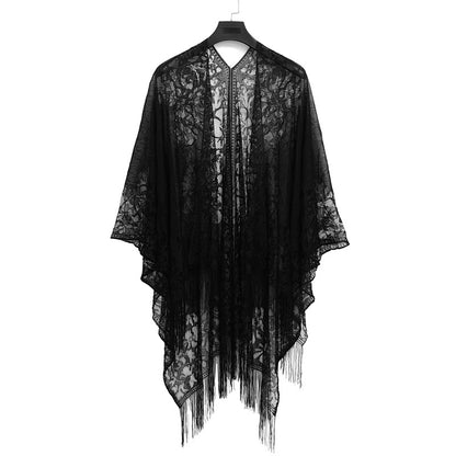 Elegant Floral Lace Kimono Wrap with Flowing Fringe | Evening & Wedding Shrug