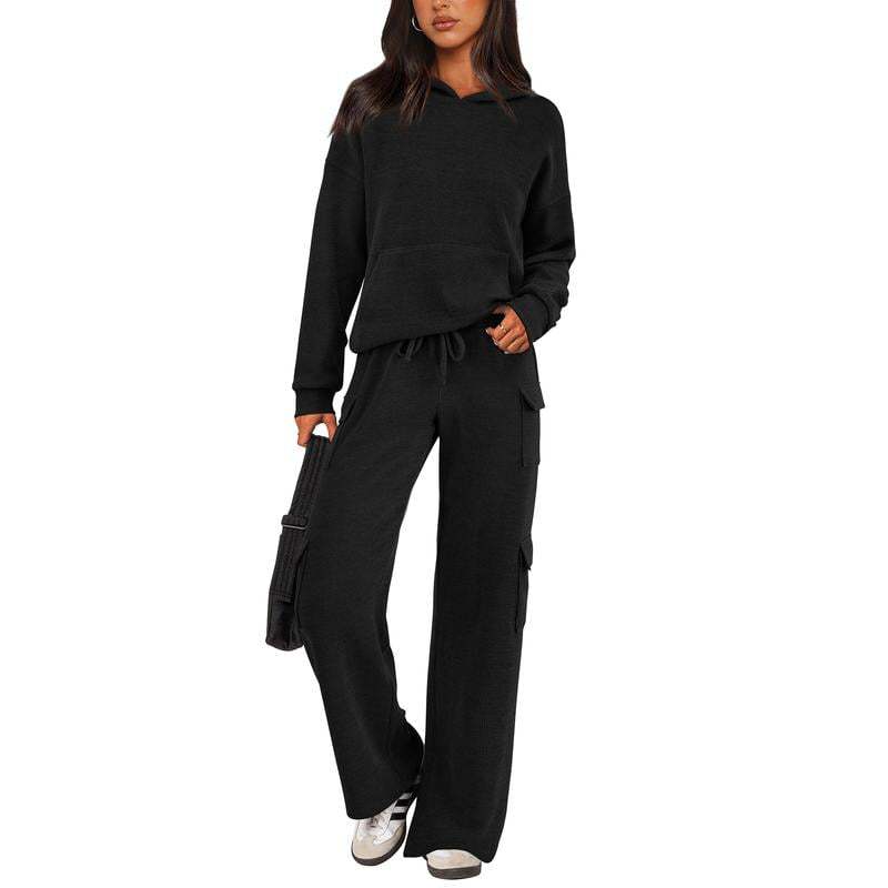Women’s Soft Hooded Lounge Set with Wide-Leg Cargo Pants & Pockets