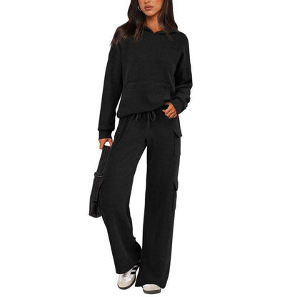 Women’s Soft Hooded Lounge Set with Wide-Leg Cargo Pants & Pockets