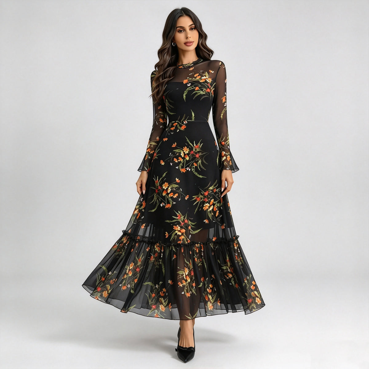 Vintage Floral Embroidered Mesh Long Sleeve Maxi Dress