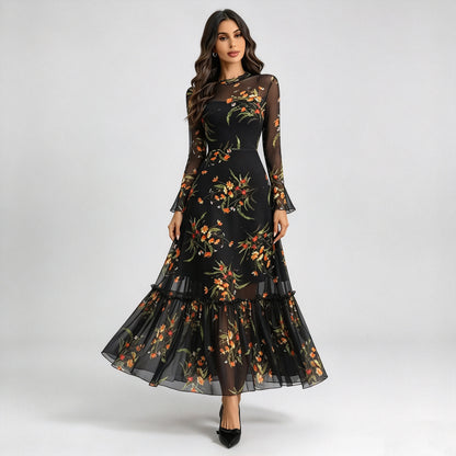 Vintage Floral Embroidered Mesh Long Sleeve Maxi Dress