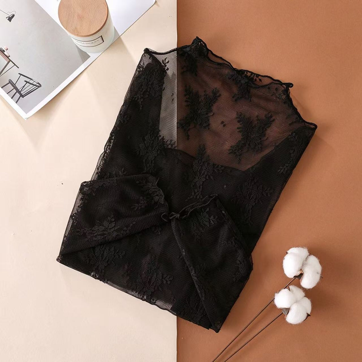 🖤 See-Through Floral Lace Layering Top & Long Sleeve Tee
