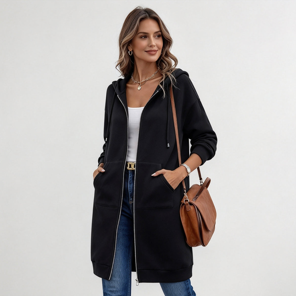 Women's Long Zip-Up Fleece Hoodie – Casual Oversized Full-Zip Outerwear with Pockets