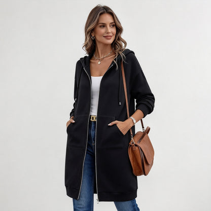 Women's Long Zip-Up Fleece Hoodie – Casual Oversized Full-Zip Outerwear with Pockets