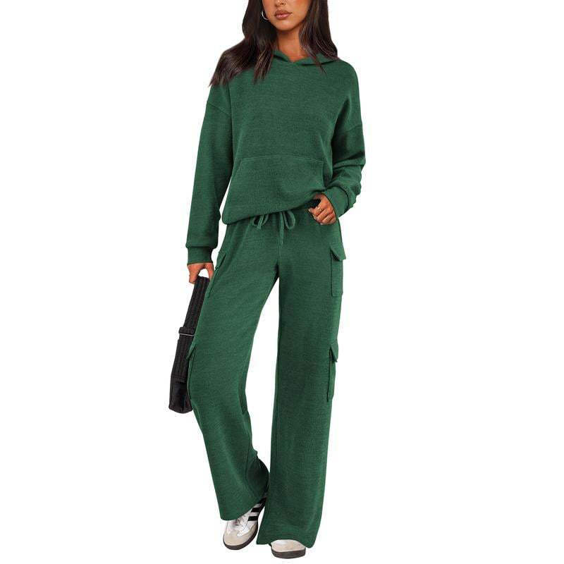 Women’s Soft Hooded Lounge Set with Wide-Leg Cargo Pants & Pockets