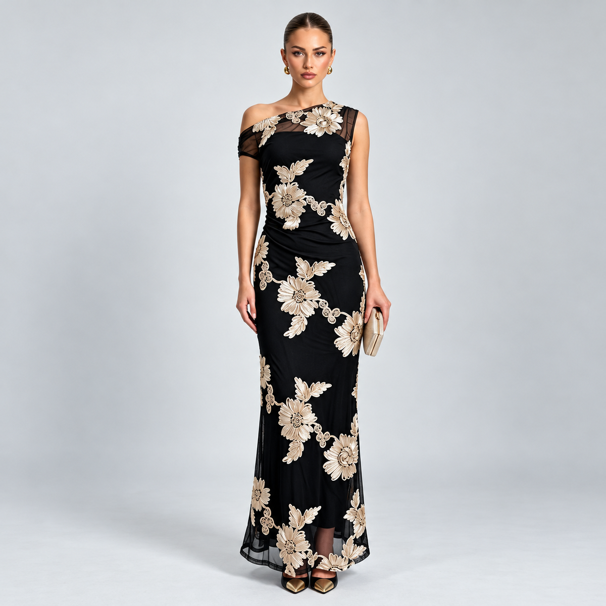 Elegant Asymmetric One-Shoulder 3D Floral Mesh Maxi Dress for Evening Formal Events