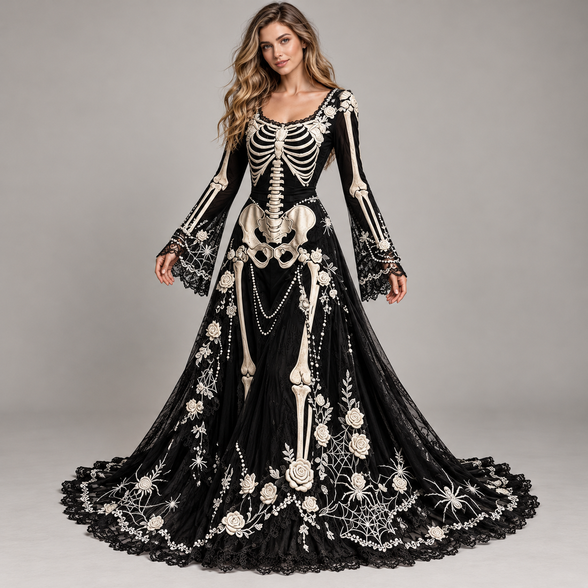Women’s Gothic Skeleton & Rose Maxi Dress – Vintage Style, Flared Sleeves & Flowing Skirt for Halloween