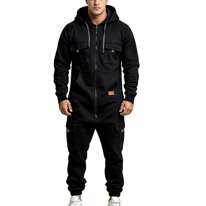 🛠️ Men's Utility Cargo Jumpsuit – Hooded Zip-Front One-Piece Workwear with Multiple Pockets
