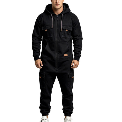 🛠️ Men's Utility Cargo Jumpsuit – Hooded Zip-Front One-Piece Workwear with Multiple Pockets