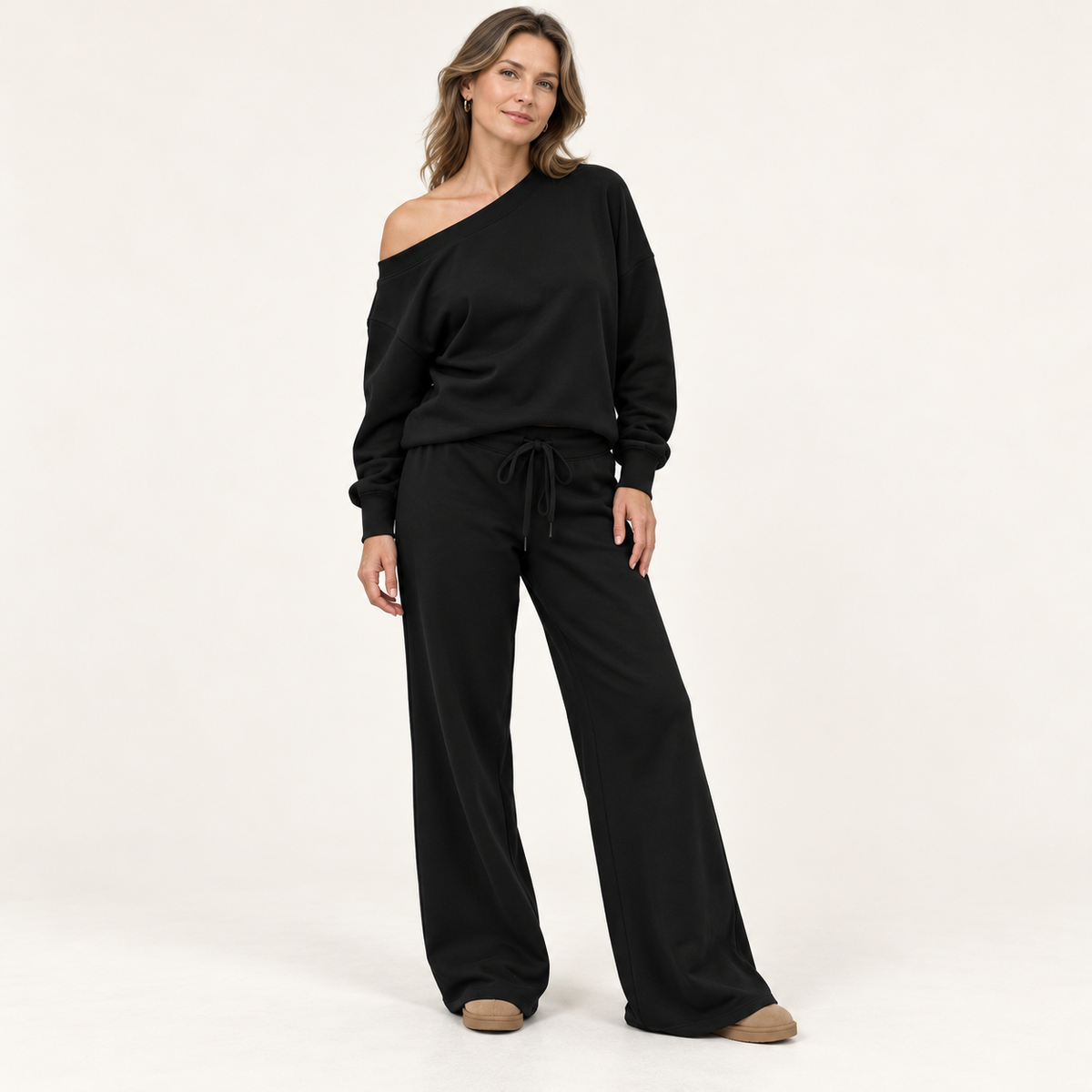 Women's 2-Piece Off-Shoulder Lounge Set – Wide Leg Pants & Sweatshirt