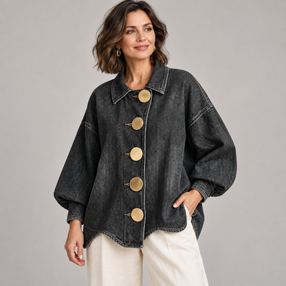 Boho Textured Denim Jacket - Loose Fit Lantern Sleeve Jacket with Oversized Gold Buttons