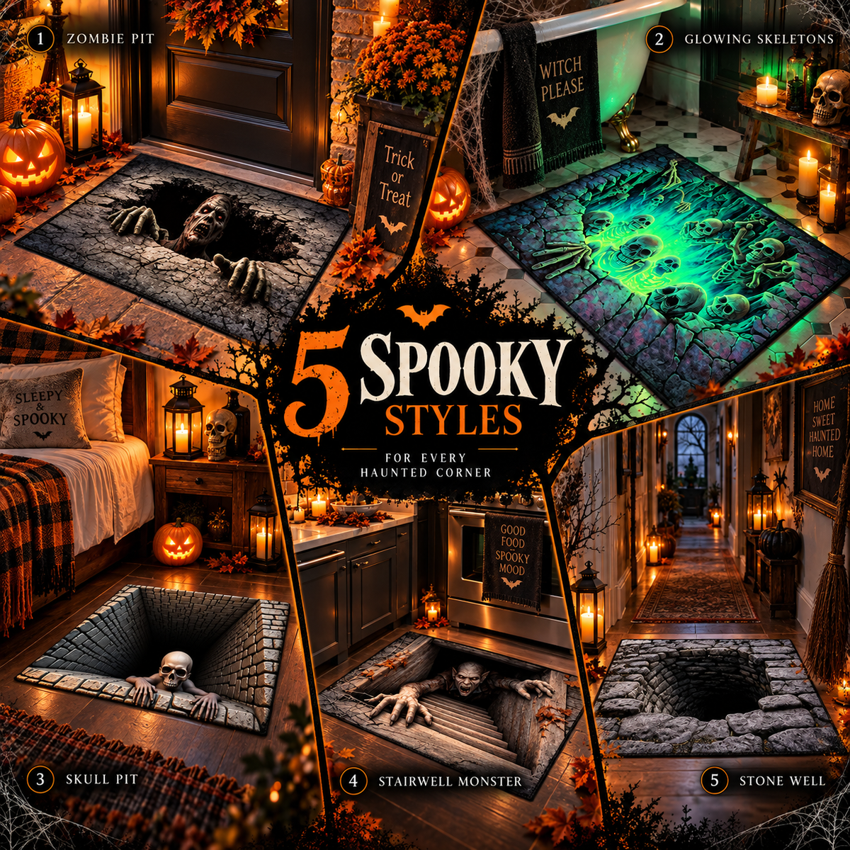 💀 3D Halloween Rug, Spooky Optical Illusion Skeleton Rug🎃