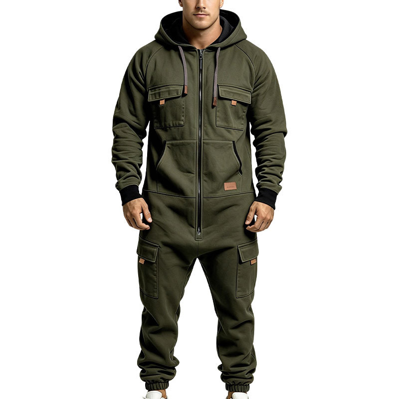 🛠️ Men's Utility Cargo Jumpsuit – Hooded Zip-Front One-Piece Workwear with Multiple Pockets
