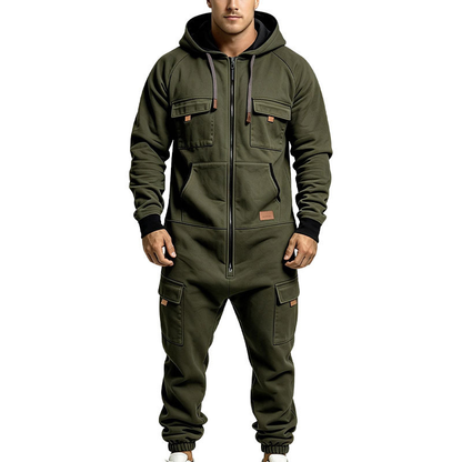 🛠️ Men's Utility Cargo Jumpsuit – Hooded Zip-Front One-Piece Workwear with Multiple Pockets