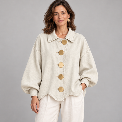 Boho Textured Denim Jacket - Loose Fit Lantern Sleeve Jacket with Oversized Gold Buttons